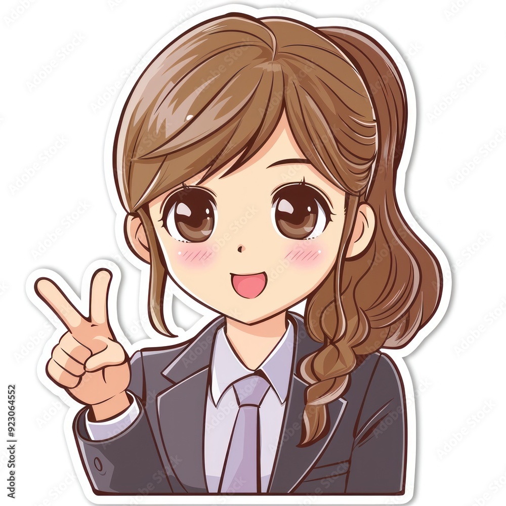A cheerful cartoon girl in a suit giving a peace sign. A cheerful cartoon girl in a suit giving a peace sign.