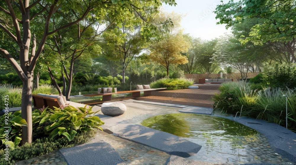 A public garden designed for relaxation, with soothing water features A public garden designed for relaxation, with soothing water features