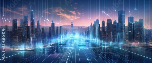 Futuristic cityscape with digital lines and data connections in the sky, wide-angle shot, city skyline at night with illuminated skyscrapers, futuristic technology concept, wide panorama. 