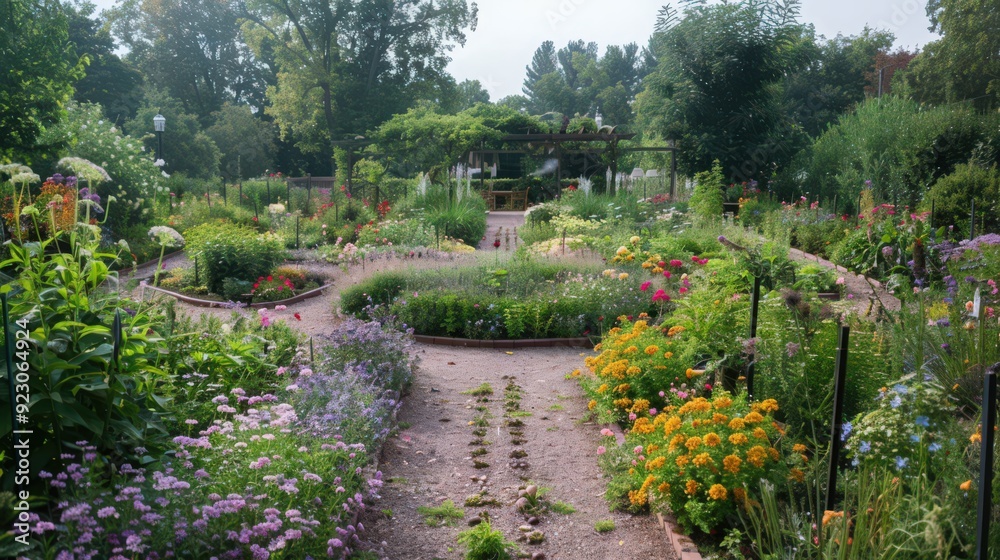 A public garden with a charming herb garden section, fragrant blooms A public garden with a charming herb garden section, fragrant blooms