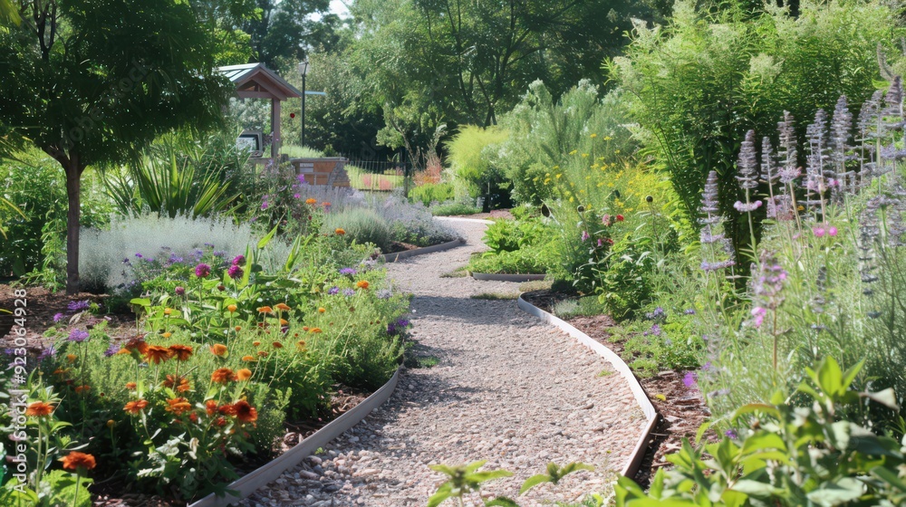 A public garden with a charming herb garden section, fragrant blooms A public garden with a charming herb garden section, fragrant blooms