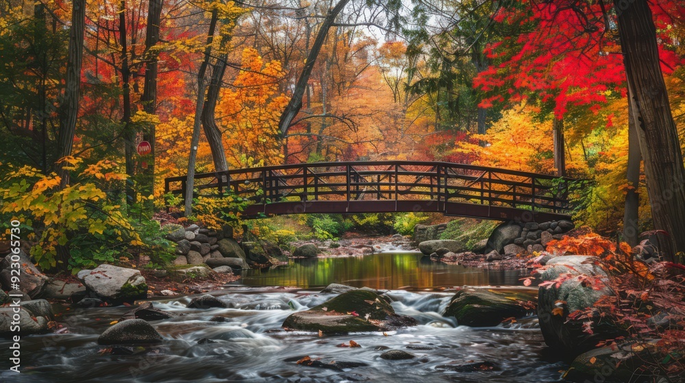 A quaint bridge crosses a stream surrounded by trees in full fall foliage, A quaint bridge crosses a stream surrounded by trees in full fall foliage,