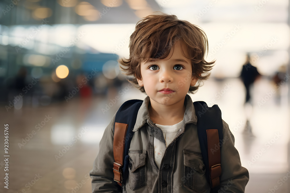 A young boy wearing a backpack and a jacket is standing in an airport