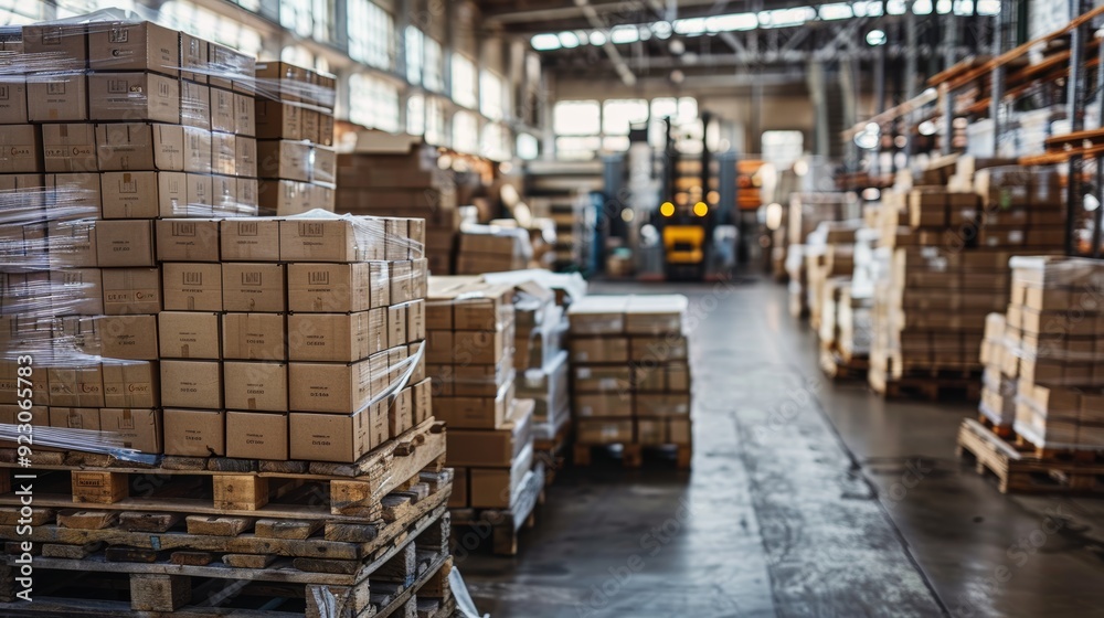 Warehouse interior filled with stacked cardboard boxes on pallets during the daytime Warehouse interior filled with stacked cardboard boxes on pallets during the daytime