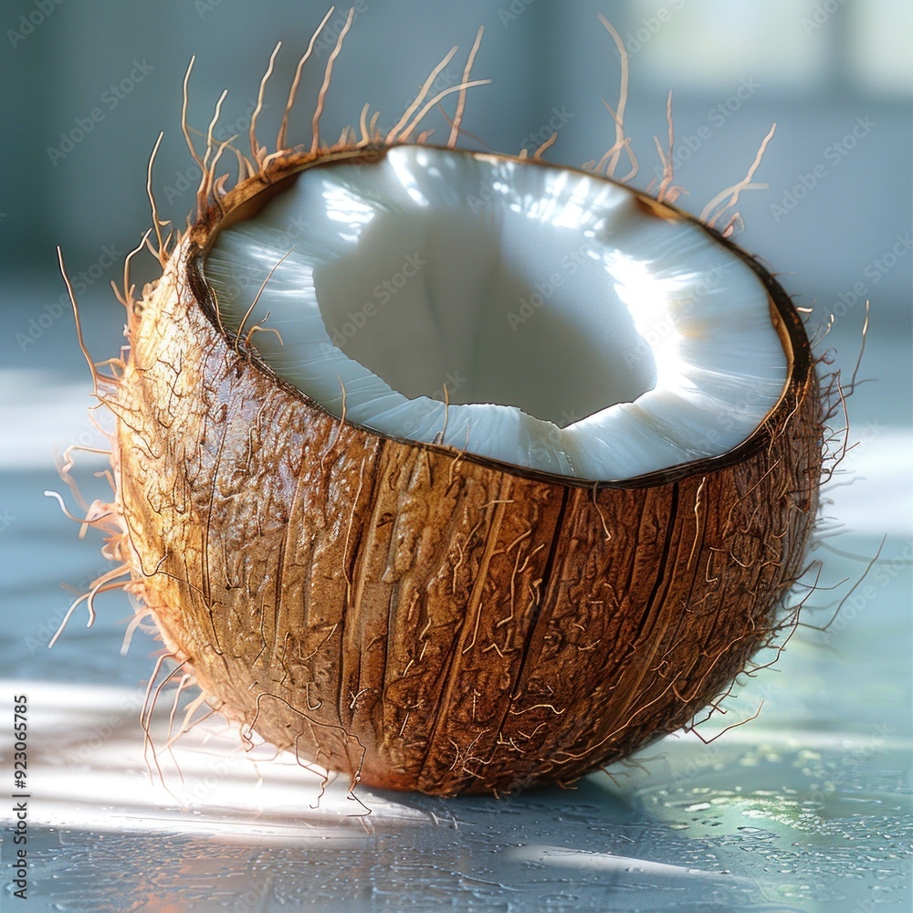 A halved coconut showcasing its inner flesh and fibers. A halved coconut showcasing its inner flesh and fibers.