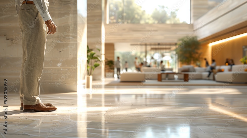 Obraz premium A professional man stands in a modern lobby with natural light streaming in during the day