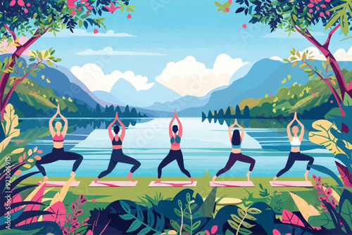A group of people doing yoga in the park