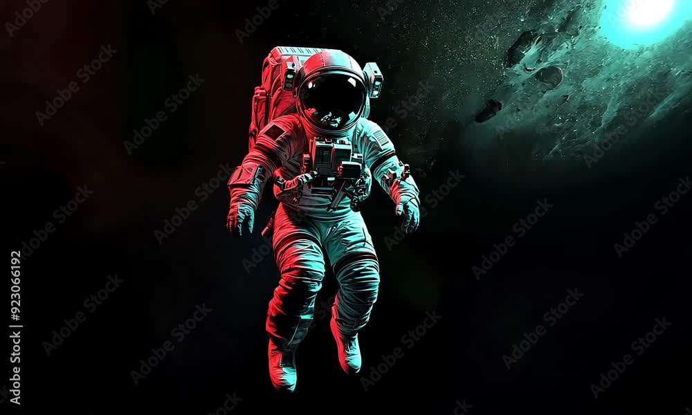 Astronaut Floating in Dark Space with Neon Lighting Astronaut Floating in Dark Space with Neon Lighting