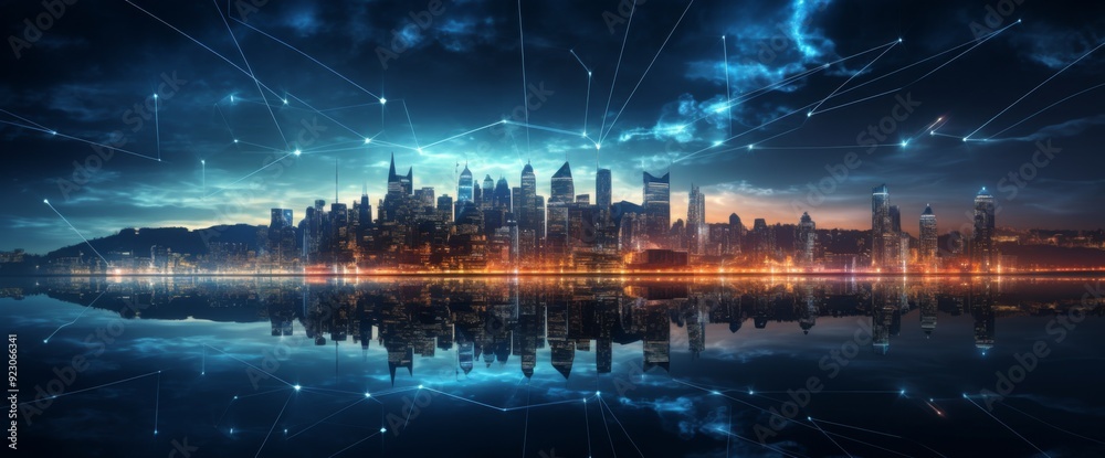 Fototapeta premium Abstract cityscape with digital data lines and night sky, futuristic skyline background. Concept of global network connection technology in an urban environment. 