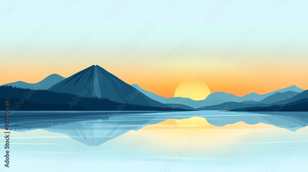 Serene mountain lake landscape with a sunrise over the calm water and a reflection of the mountain range. Serene mountain lake landscape with a sunrise over the calm water and a reflection of the mountain range.