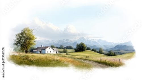 A serene countryside sketch, with rolling hills, a farmhouse, and scattered trees in delicate pencil strokes.