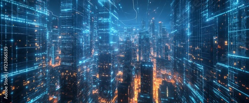 Futuristic cityscape with digital lines and data connections in the sky, wide-angle shot, city skyline at night with illuminated skyscrapers, futuristic technology concept, wide panorama. 