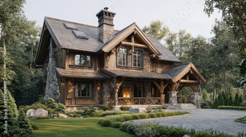 Wallpaper Mural A rustic 2-storey house with a cozy, homely feel, including wooden cladding, a large stone fireplace, Torontodigital.ca