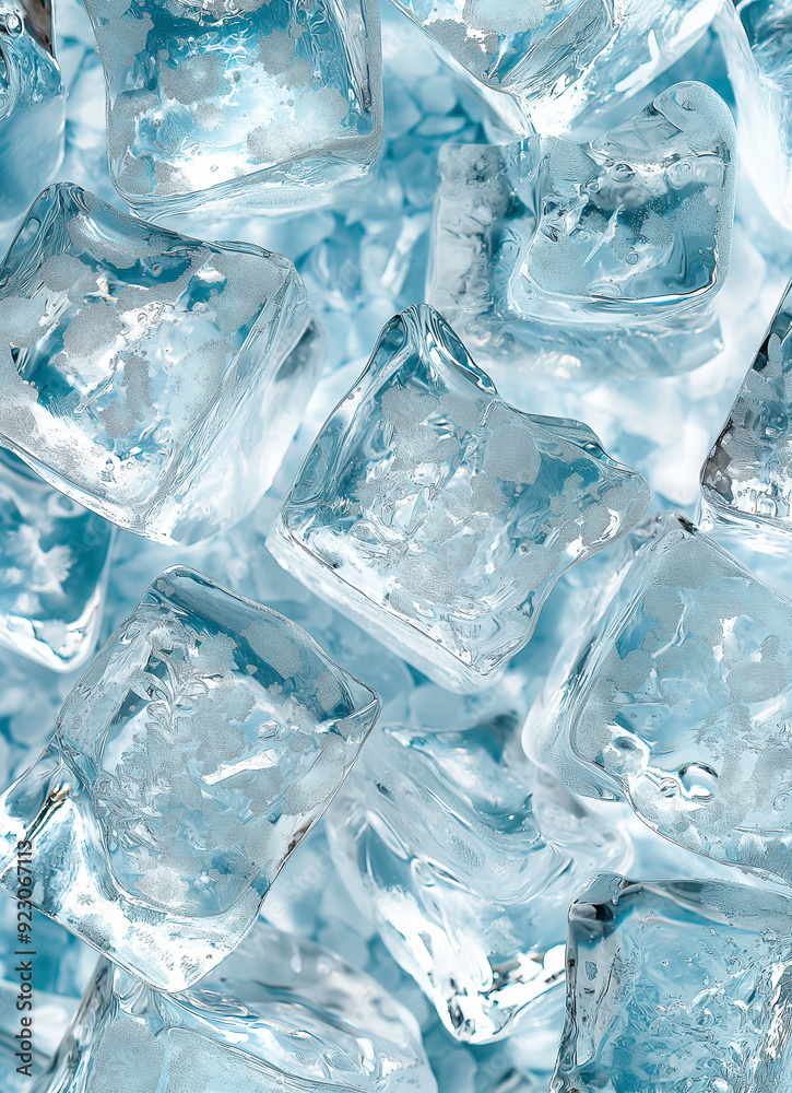 Many crystal clear ice cubes are laid flat clean.
Many crystal clear ice cubes are laid flat clean.