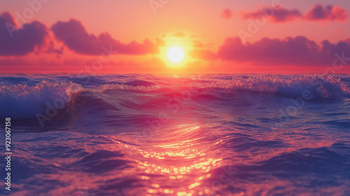 Scenic summer 3D background featuring a sunset over the ocean with soft waves and warm tones, ideal for creating a serene and picturesque setting.