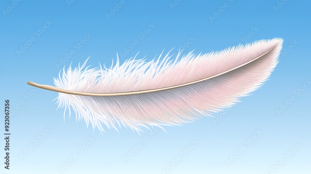 Fototapeta premium Single white feather with pink hue floating in blue sky.