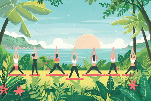 A group of people doing yoga in the park