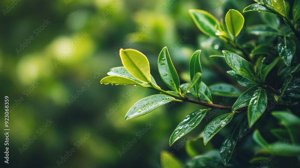 A close-up view of a green leaf with water droplets on it, surrounded by a blurry background of other leaves.