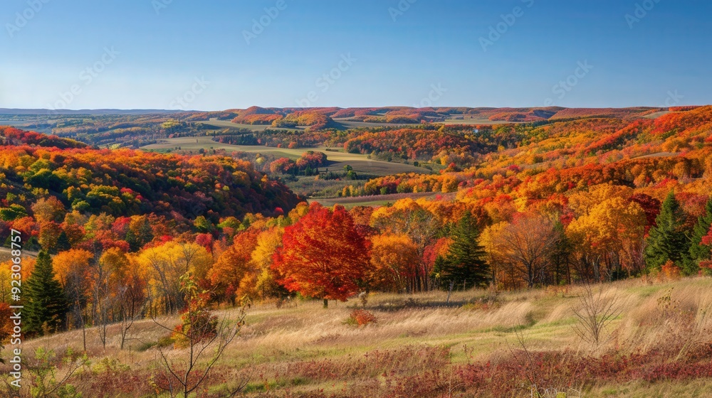 A scenic overlook of rolling hills covered in rich fall foliage, with trees in varying shades of red, orange, and yellow against a clear, blue sky A scenic overlook of rolling hills covered in rich fall foliage, with trees in varying shades of red, orange, and yellow against a clear, blue sky