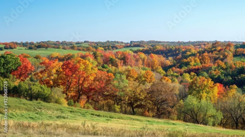 A scenic overlook of rolling hills covered in brilliant autumn foliage, with trees showcasing a spectrum of fall colors against a clear blue sky