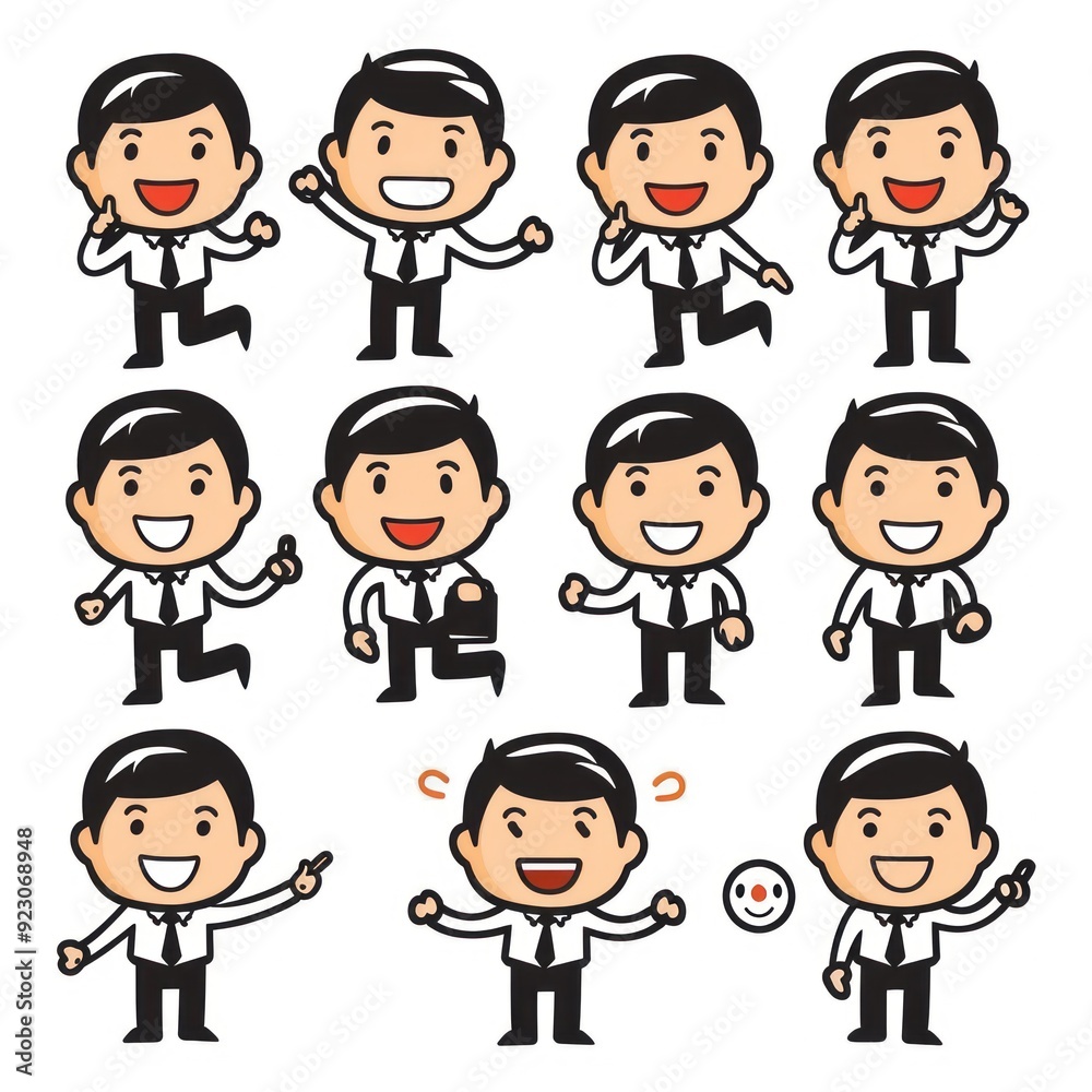 A collection of cheerful cartoon characters in business attire expressing various emotions. A collection of cheerful cartoon characters in business attire expressing various emotions.