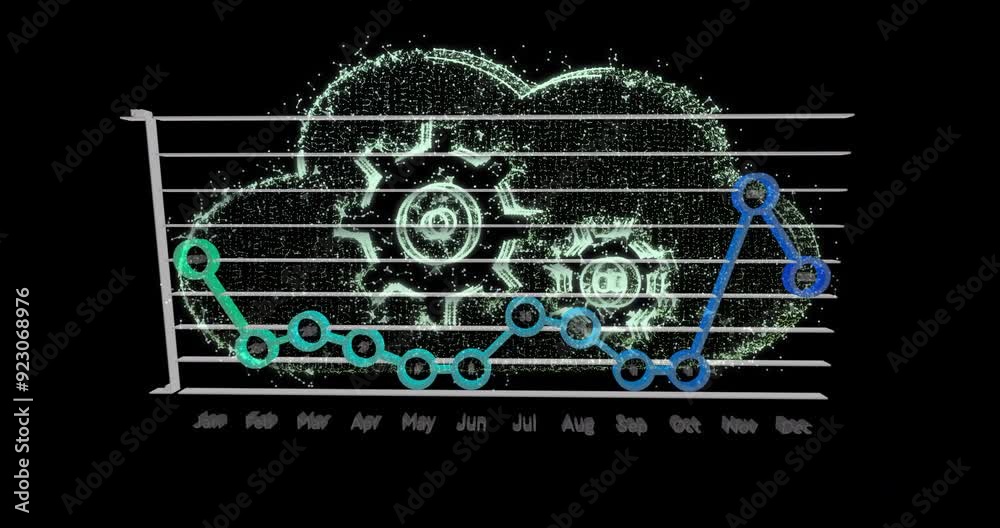 Cloud computing and data analytics animation over line graph with monthly data Cloud computing and data analytics animation over line graph with monthly data