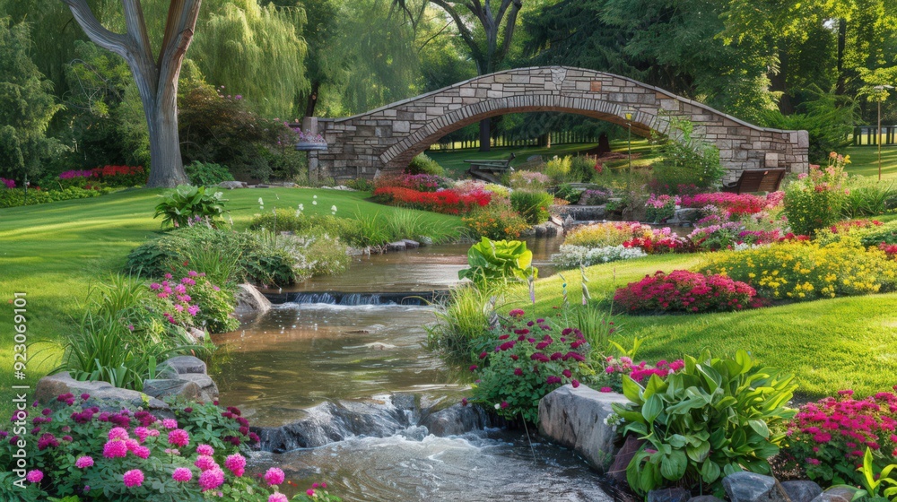 Fototapeta premium A scenic public garden with a historic stone bridge, colorful flowerbeds, and a gently flowing stream adding