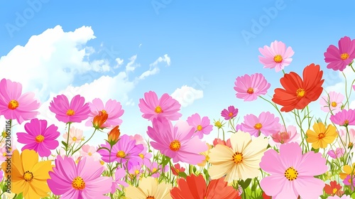 Colorful cosmos flowers blooming in a field with a blue sky and fluffy clouds.