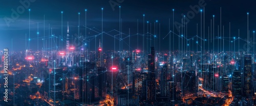 Abstract cityscape with digital data lines and night sky, futuristic skyline background. Concept of global network connection technology in an urban environment. 