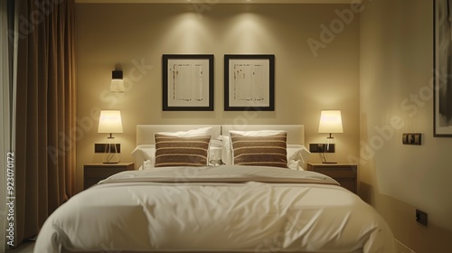 modern comfortable bedroom, with white bed, brown striped pillows, bedside lamps, black frame on beige wall.