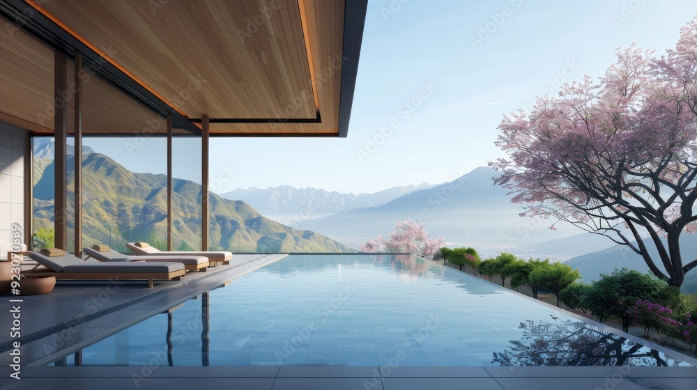Fototapeta premium An elegant and luxurious spa retreat set in a tranquil mountain landscape. The spa features an infinity pool overlooking a valley, surrounded by lush greenery and blooming flowers.
