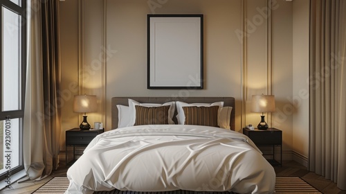 modern comfortable bedroom, with white bed, brown striped pillows, bedside lamps, black frame on beige wall.