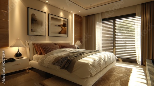 modern comfortable bedroom, with white bed, brown striped pillows, bedside lamps, black frame on beige wall.