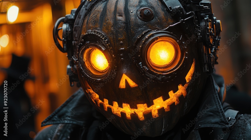 A close-up of a steampunk character wearing a glowing pumpkin mask, creating a mysterious and eerie vibe in a dark alley. A close-up of a steampunk character wearing a glowing pumpkin mask, creating a mysterious and eerie vibe in a dark alley.