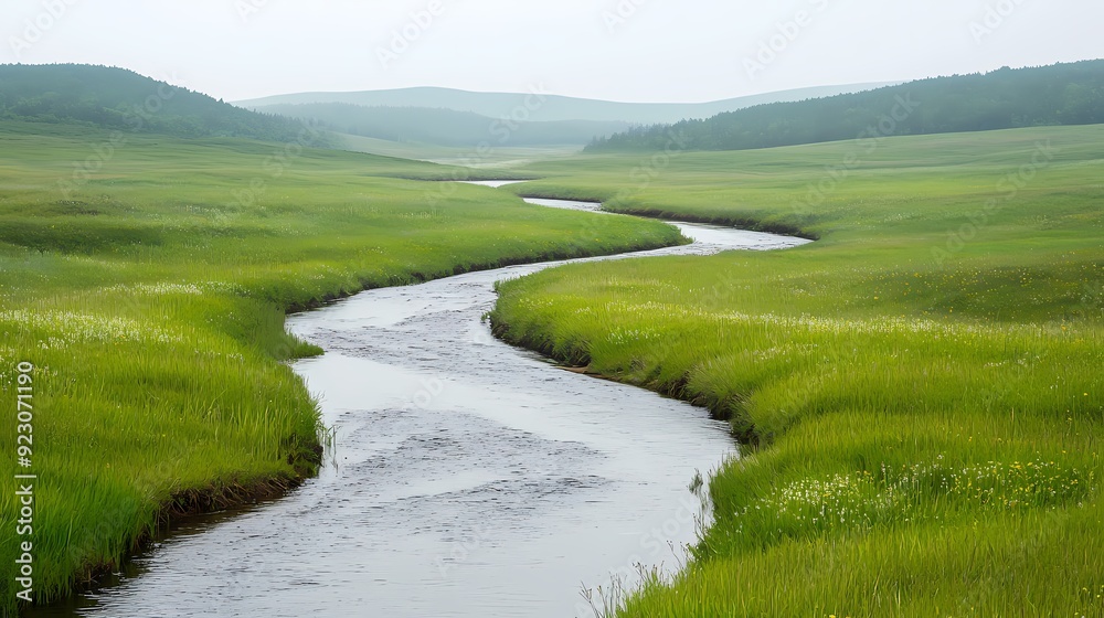 A winding river flows through a lush green meadow with forested hills in the distance, creating a serene and tranquil landscape. A winding river flows through a lush green meadow with forested hills in the distance, creating a serene and tranquil landscape.