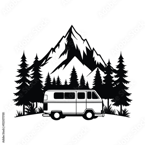 Forest Landscape illustration, vintage camper van with mountain T-shirt design Vector