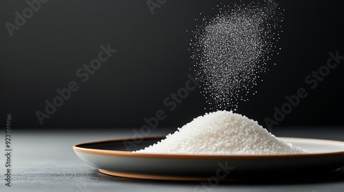 Artificial sweetener granules forming a mound on a plate, with a sprinkle in motion, Healthy sugar alternatives, Elegantly presenting dietary sweetening options