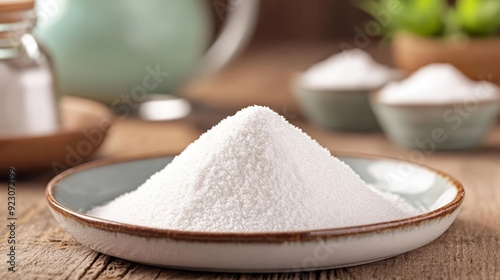 White powdered sweetener cascading onto a pile on a plate, Artificial sweeteners, Depicting stevia or aspartame in a refined and pure form photo