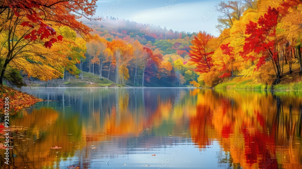 A serene lake is surrounded by trees in full fall foliage, with the vibrant colors of the leaves creating a stunning reflection A serene lake is surrounded by trees in full fall foliage, with the vibrant colors of the leaves creating a stunning reflection