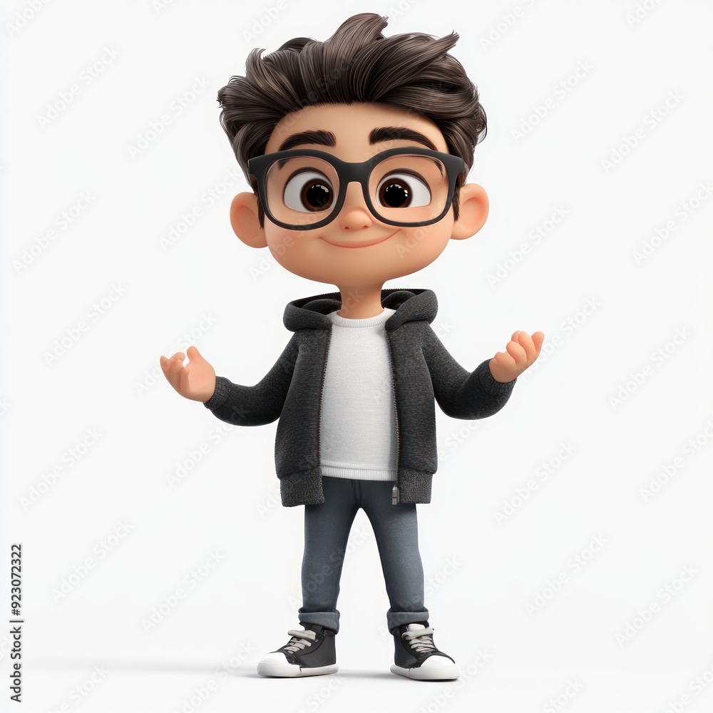 A cheerful cartoon boy with glasses, wearing a hoodie and jeans, gesturing happily. A cheerful cartoon boy with glasses, wearing a hoodie and jeans, gesturing happily.