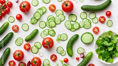 Fresh organic salad ingredients such as cucumbers radishes and cherry tomatoes on white background with ample copy space Salad mix concept photo