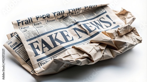 Crumpled Newspaper with Fake News Headline. isolated on white background photo