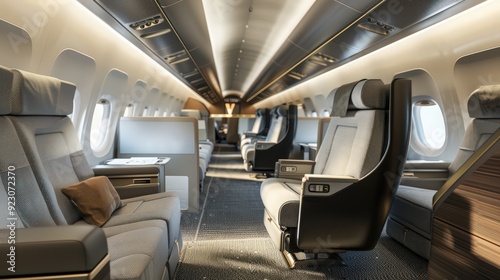 Showcase the interior of a commercial airplane cabin  featuring comfortable seating and modern amenities
