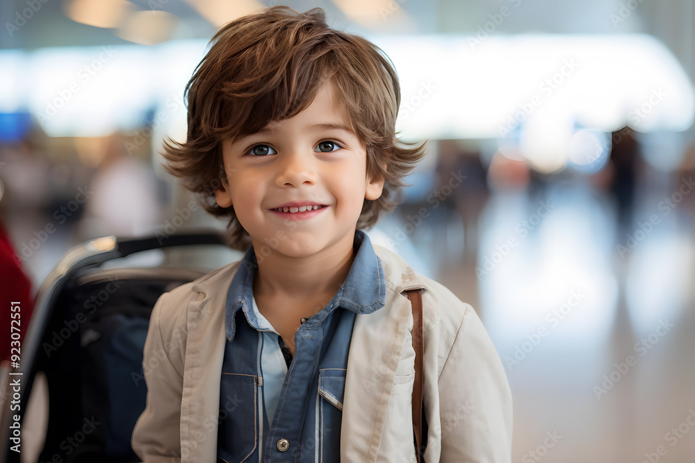 A young boy is smiling and wearing a jacket and blue shirt A young boy is smiling and wearing a jacket and blue shirt