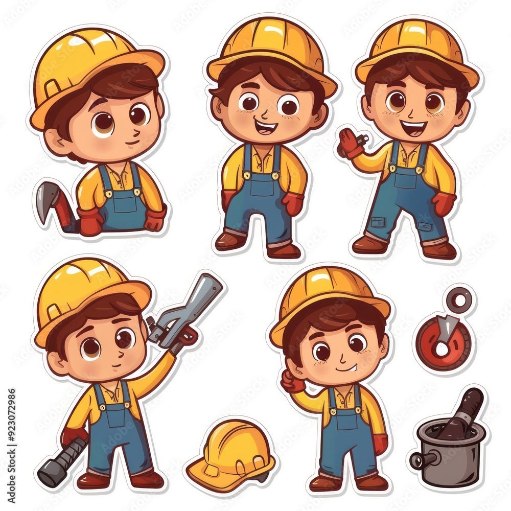 A collection of cartoon construction worker characters in various poses and expressions. A collection of cartoon construction worker characters in various poses and expressions.