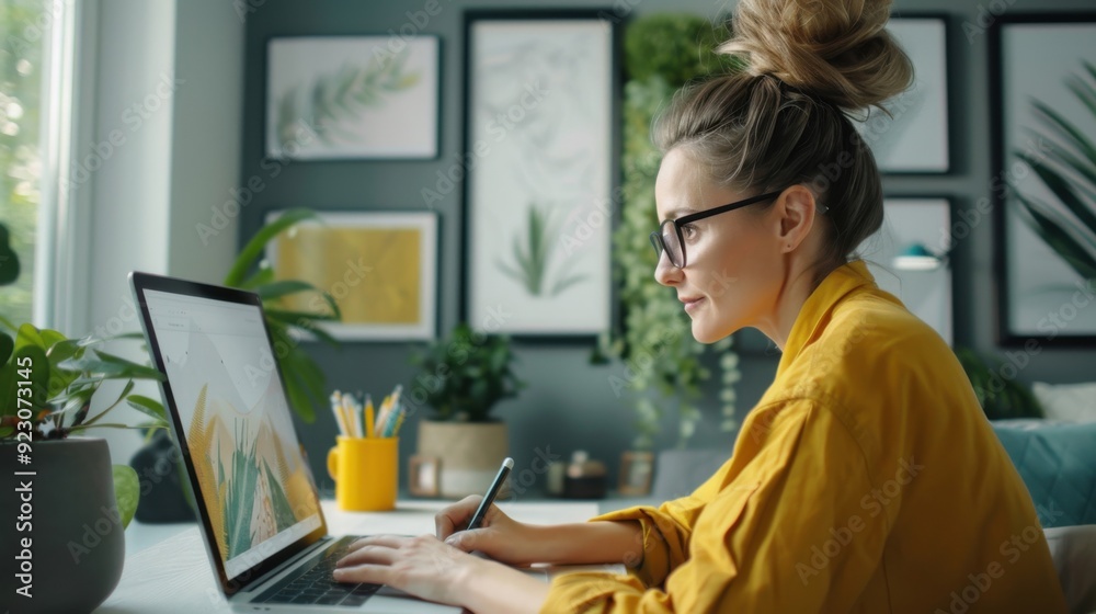 Digital artist creating on a tablet in a chic home studio, freelancing, home office decor