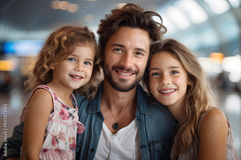 Fototapeta premium A man and two young girls are smiling for the camera