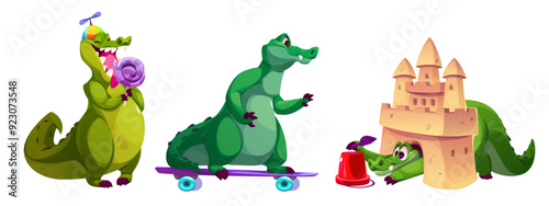 Cute funny green alligator cartoon mascot. Big comic friendly crocodile character eat caramel candy on stick in hat with propeller, going on skateboard, building sand castle with plastic bucket.