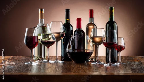 A table set up for wine tasting with several wine glasses, bottles, and a spittoon, against  photo