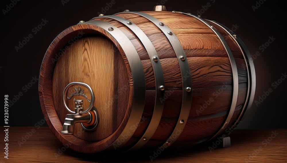 A wooden beer barrel with metal hoops, slightly angled, with a plain background to emphasize A wooden beer barrel with metal hoops, slightly angled, with a plain background to emphasize